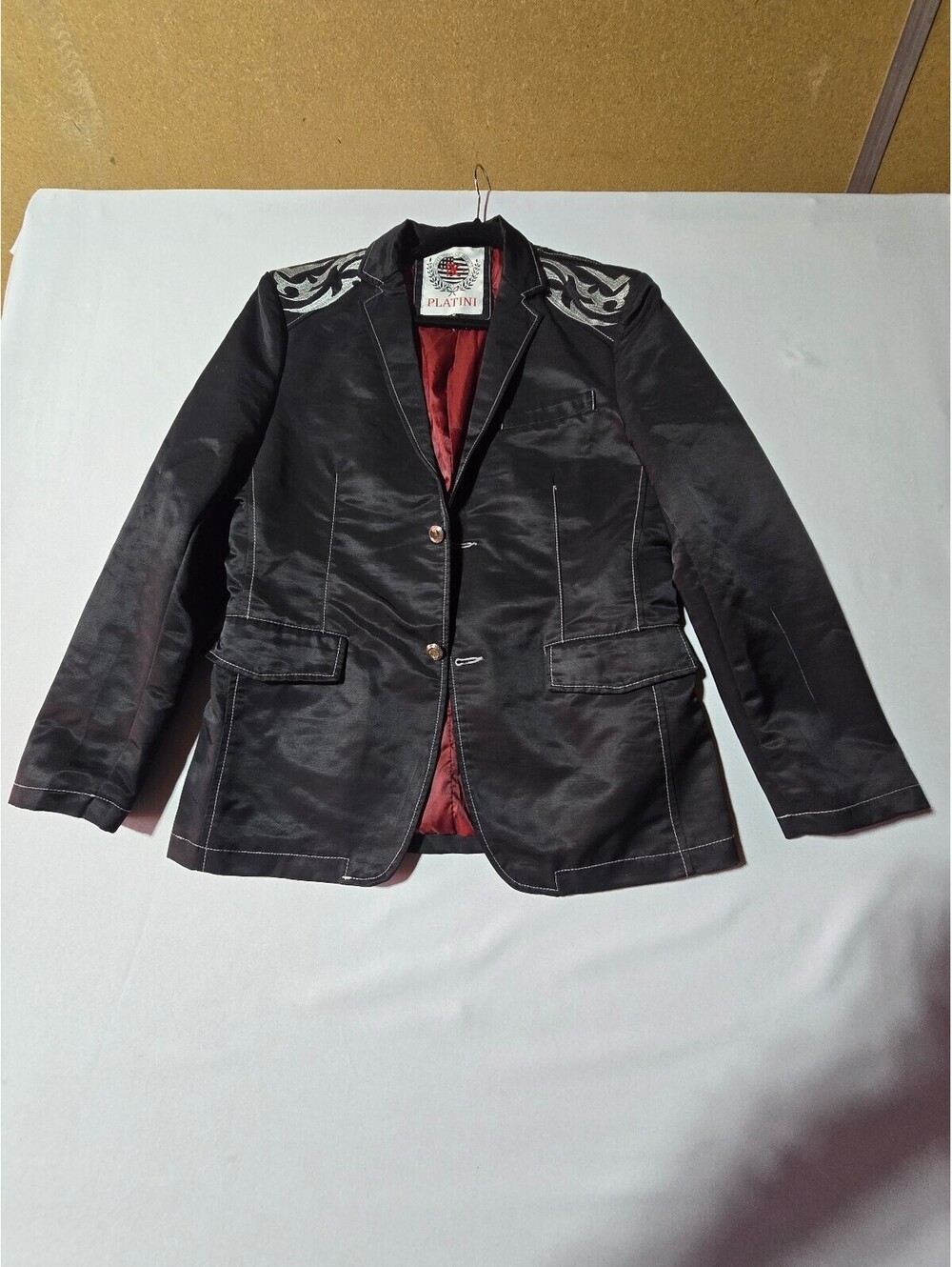 Platini Black Satin Men's Western Sport Coat with Embroidered Details - Size M